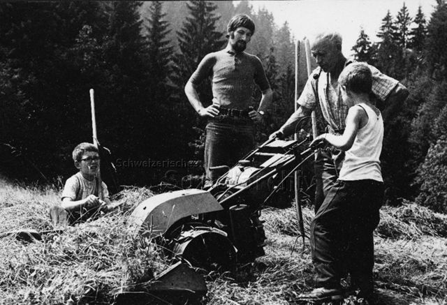 "A7 Dorflager Marbach [Kanton unklar]" - Zwei Jungen und zwei Männer mit Mähmaschine; 1971