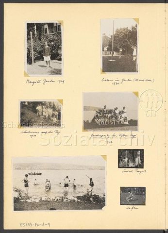 Fotoalbum Nico Kaufmann, 1928–1950 – "Margrith Bucher 1929" (oben links), "Scotoni im Garten 1930" (oben rechts), "Schulreise auf die Rigi 1930" (mitte links), "Gardenparty bei Esther Hegi 1932" (mitte rechts)