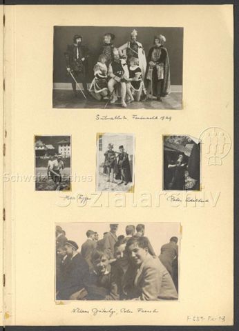 Fotoalbum Nico Kaufmann, 1928–1950 – "Fasnacht 1929" (oben), "Max Egger" (mitte (links)), "Pater Adelbert" (mitte rechts), "Niklaus Gritschgi", "Peter Faessler" (unten), 1929
