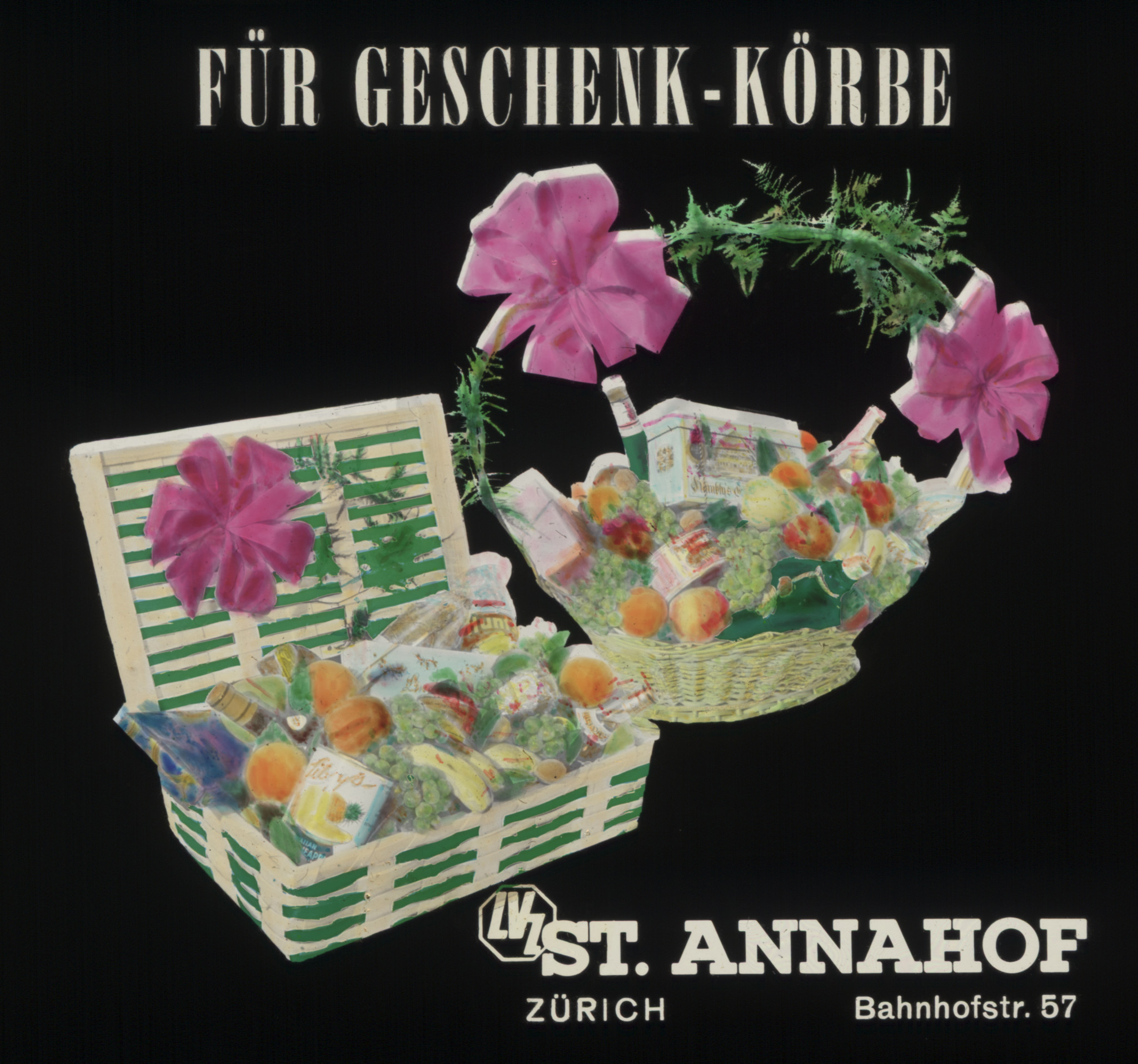 Zwei Geschenkkörbe mit Lebensmitteln und Blumen: "Für Geschenk-Körbe - St. Annahof Zürich"