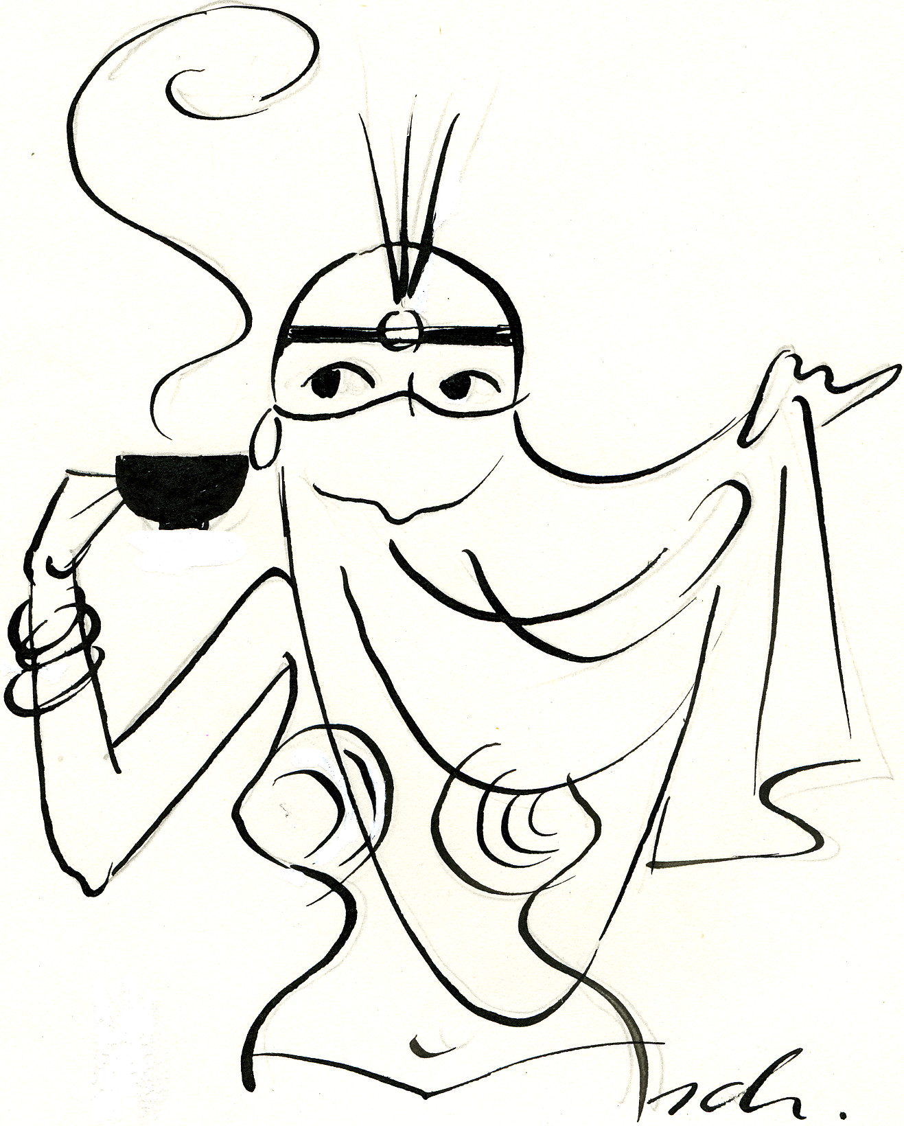 Eine orientalische Bauchtänzerin eine Tasse mit heisses Getränk (vermutlich Kaffee) in der Hand haltend