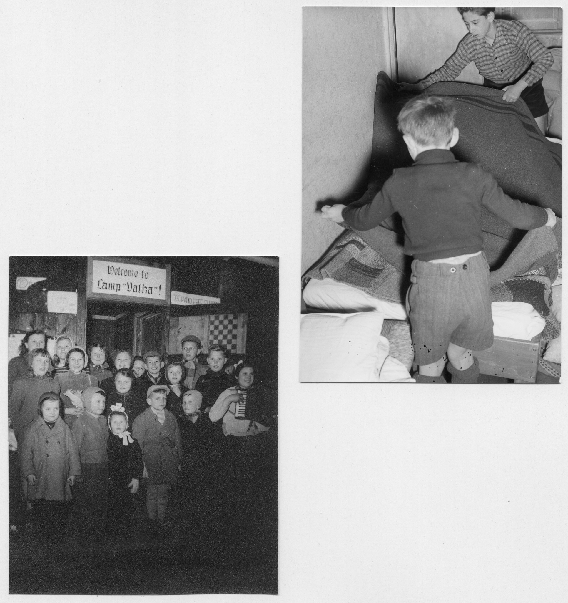 Zwei Knaben machen ihr Bett; Begrüssung der angekommenen Kinder
