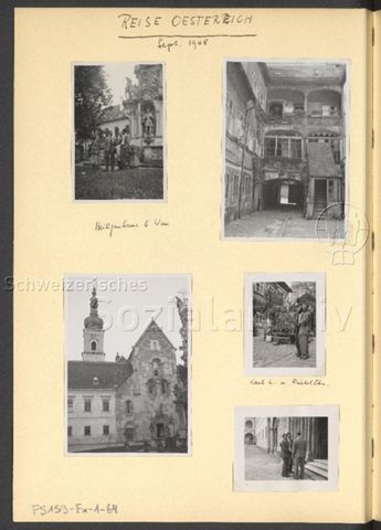 Fotoalbum Nico Kaufmann, 1928–1950 – "Reise Oesterreich Sept. 1948" – "Heiligenkreuz bei Kreuz" (oben), "Karl L. u. Friedel Schm." (unten rechts)
