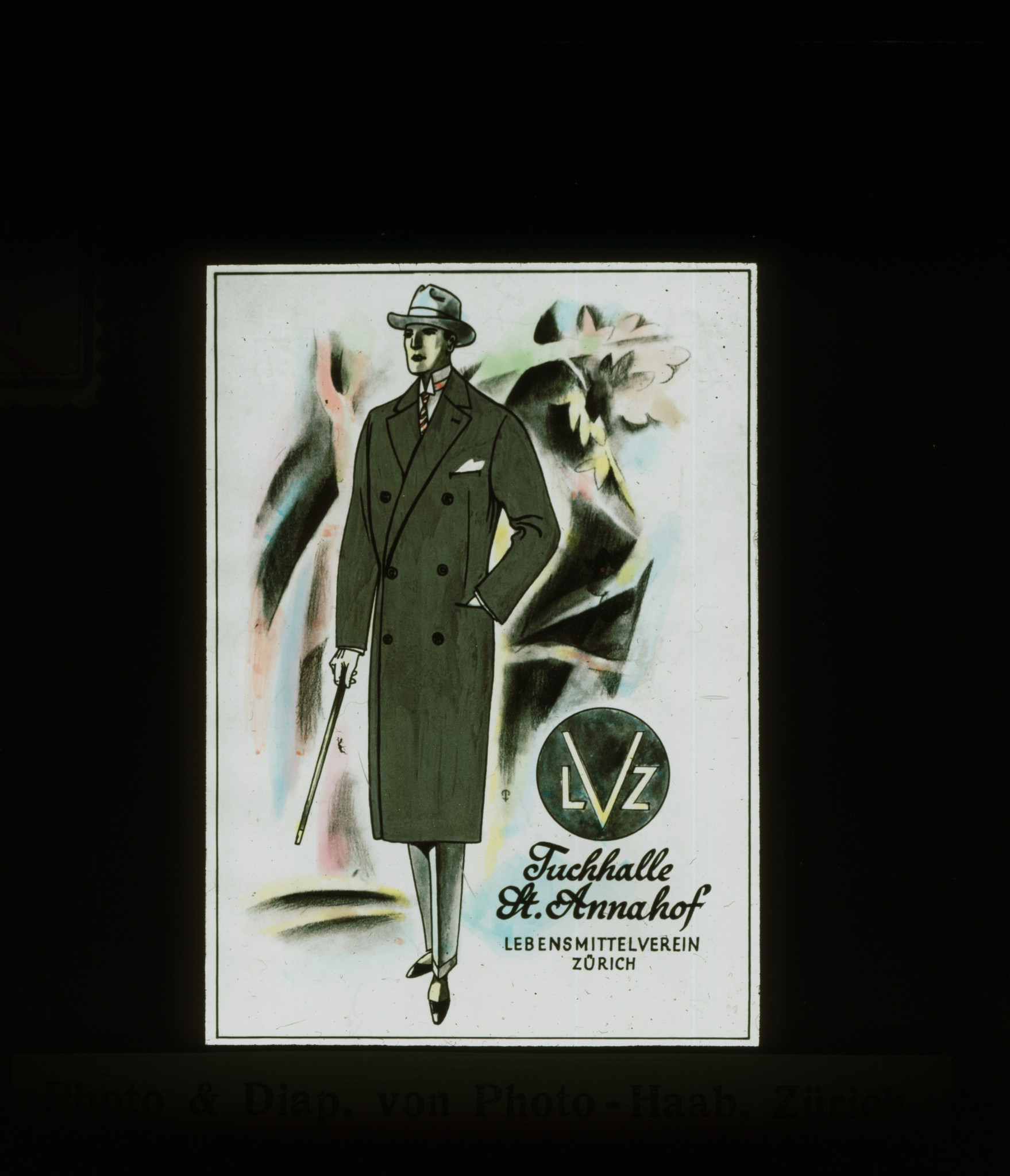 Dia: Werbung für Herrenbekleidung, eleganter Herr und Text: "LVZ Tuchhalle St. Annahof".