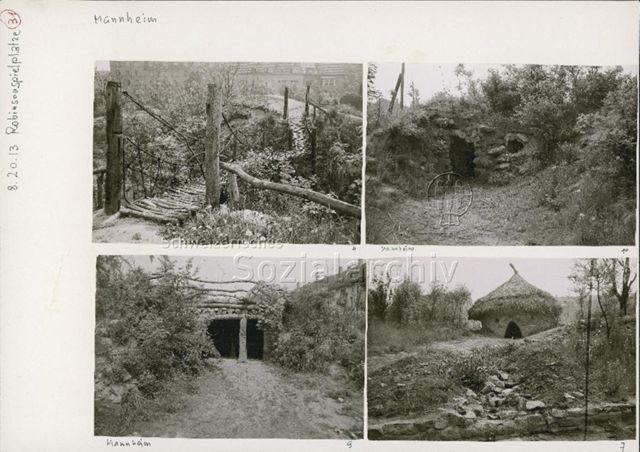 "Robinsonspielplätze, Mannheim" - Ansicht einer Anlage mit Brücke und Hütten; um 1950