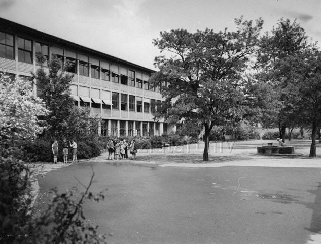 "Schule Kornhaus (Arch. A. H. Steiner, Zürich) - Hier sind die erstmals verwendeten Akazien schon schön herangewachsen im Pausenplatz. Ein Brunnen steht zwischen ihnen, vor dem Bau ist der [unleserlich] angelegt"; um 1965
