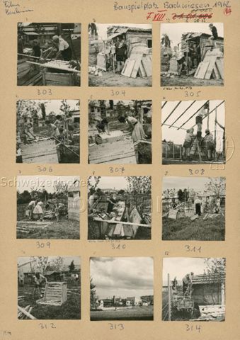 "Bauspielplatz Bachwiesen", Zürich - Kinder und Jugendliche beim Hämmern, Sägen und Buddeln; 1962