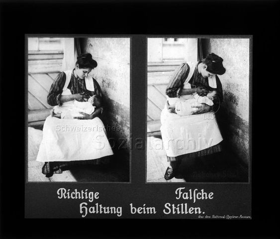 Diaserie zum Thema Säuglingspflege; "Richtige / falsche Haltung beim Stillen"; zwei Fotografien von einer Frau beim Stillen von einem Säugling mit der richtigen und falschen Methode; "Aus dem National-Hygiene-Museum, Dresden"um 1930