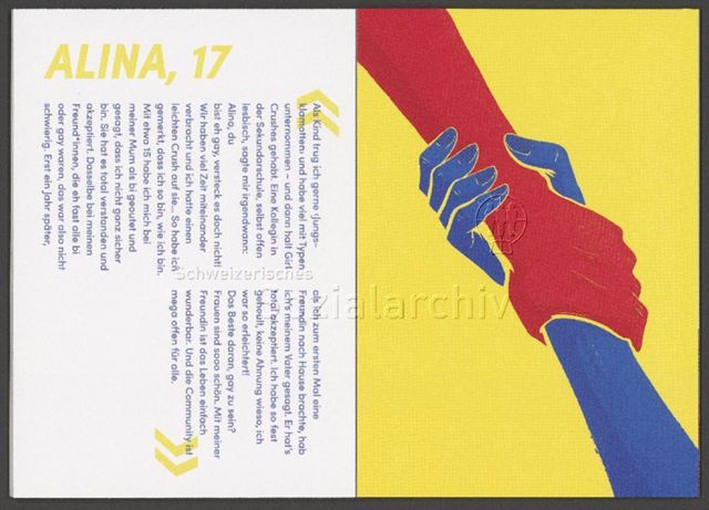 links: "Alina, 17", Kurzportrait; rechts: zwei sich greifende Arme (Unterstützung) – Infobüchlein für Jugendliche der AIDS-Hilfe Schweiz in Zusammenarbeit mit anderen queeren Organisationen über sexuelle Orientierung, Geschlechtsidentitäten und Coming-Out (August 2019)