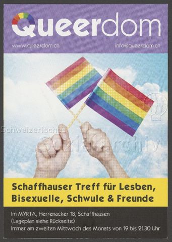 "Queerdom – Schaffhauser Treff für Lesben, Bisexuelle, Schwule & Freunde", Regenbogenflaggen – Flyer der Organisation Queerdom (um 2020, Schaffhausen)