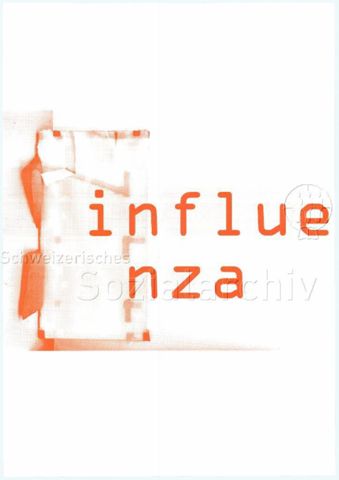 "influenza / Shedhalle - Die Versammlung" - oranger Schriftzug und schwarzer Schriftzug in einem ungleichmässigen Bogen auf weiss-orangenem Grund