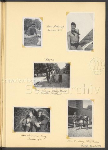 Fotoalbum Nico Kaufmann, 1928–1950 – "Hans Schlumpf, Ascona 1941" (oben), "Ragaz – Trudi Gastegger, Freddy [...], Walter Schnetten" (mitte), "Hans Weinmann, Hang, Ascona 1941" (unten links), "Hans W. Hang, Rico [...]" (unten rechts), 1941
