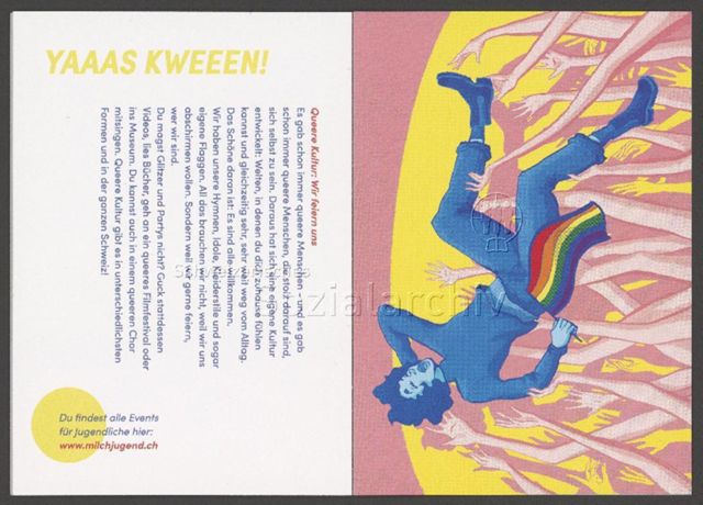 links: "Yaaas Kween!", Übersicht über verschiedene Formen queerer Kultur; rechts: auf Händen getragene jugendliche Person (Mach die Welt besser!) – Infobüchlein für Jugendliche der AIDS-Hilfe Schweiz in Zusammenarbeit mit anderen queeren Organisationen über sexuelle Orientierung, Geschlechtsidentitäten und Coming-Out (August 2019)