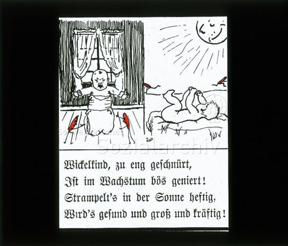 Diaserie zum Thema Kinderkrankheiten, Bazillen, Tuberkulose; "Wickelkind, zu eng geschnürt, ist im Wachstum bös geniert! Strampelt's in der Sonne heftig, wird's gesund und gross und kräftig!" - Zeichnung: links: Kleinkind eng in Windel gewickelt am Weinen, neben ihn zwei rote Strichmännchen (Bazillen); rechts: Kleinkind nackt auf einer Decke in der Sonne liegend; um 1930