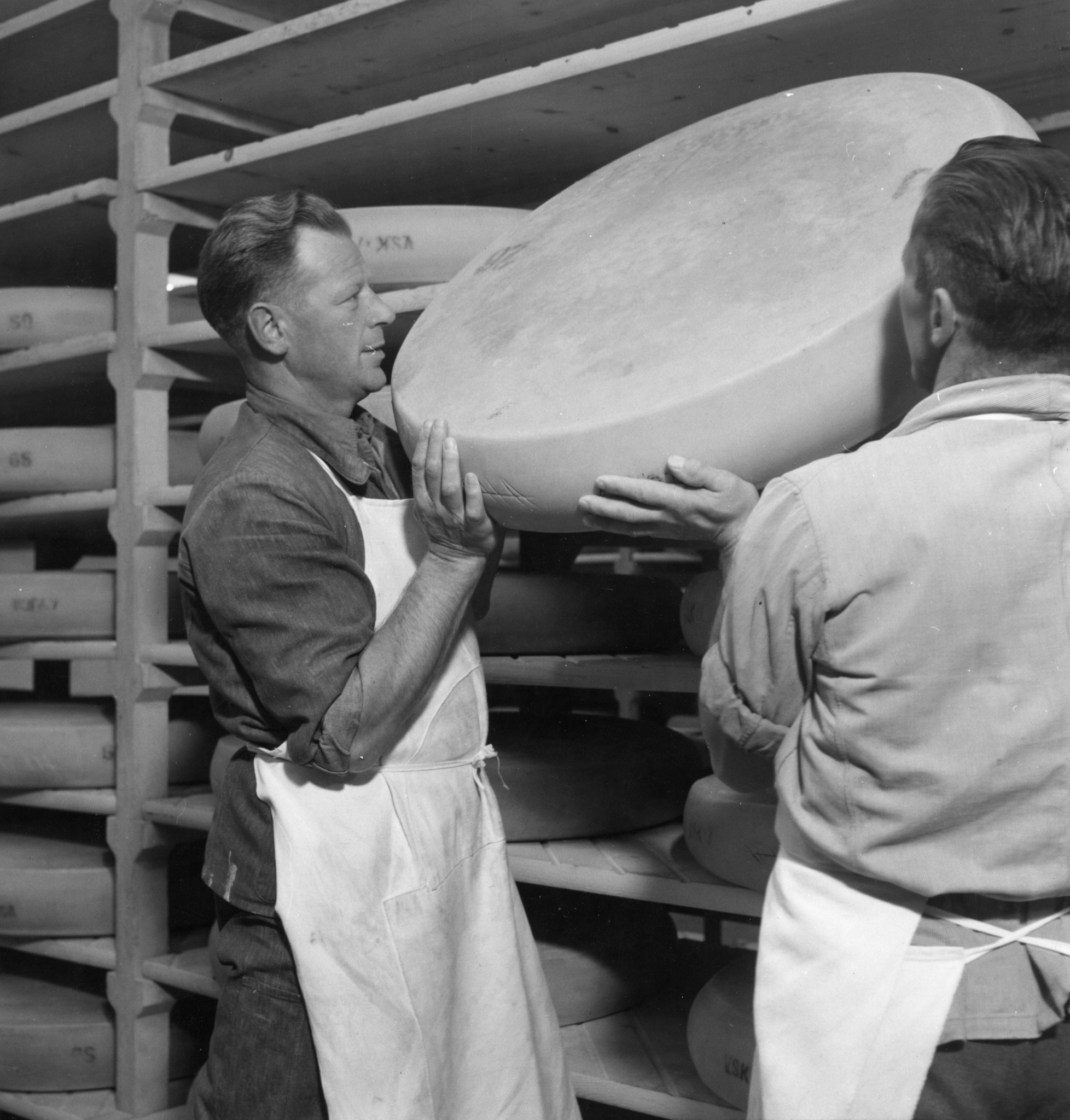 Männer beim Einlagern von Käse