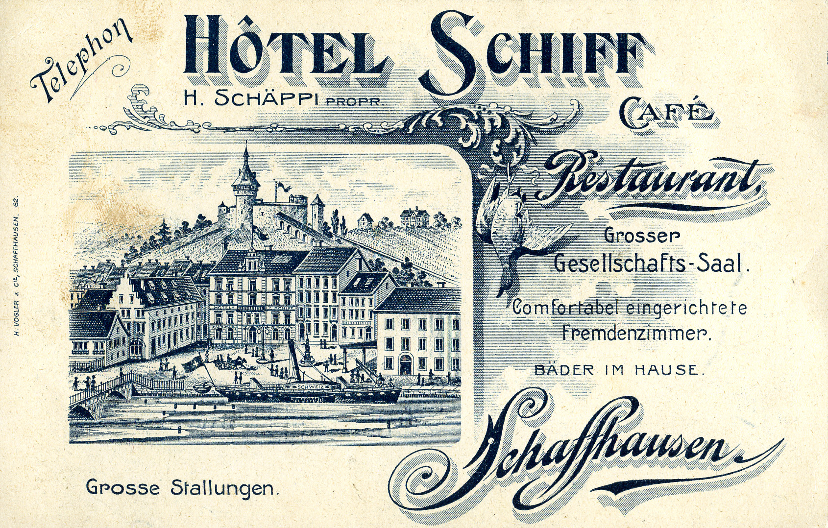 Visitenkarte Hôtel Schiff Schaffhausen ; auf der Hinterseite: Rechnung des Essens für die Jubiläumsfeier des Lebensmittelvereins Zürich, Rechnungsbetrag: 1092.30 Franken