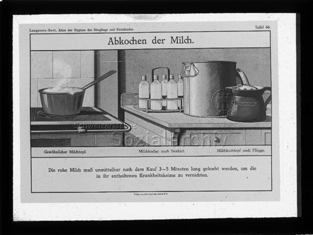 Diaserie zum Thema Säuglingspflege, Flaschenmilch; "Abkochen der Milch. - Die rohe Milch muss unmittelbar nach dem Kauf 3-5 Minuten lang gekocht werden, um die in ihr enthaltenen Krankehitskeime zu vernichten." - Illustration der verschiedenen Möglichkeiten Milch abzukochen; mit einem "gewöhnlichen Milchtopf", "Milchkocher nach Soxhlet", "Milchkochtopf nach Flügge"; "Langstein-Rott, Atlas der Hygiene des Säuglings und Kleinkindes"; um 1920