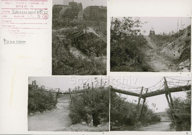 "Robinsonspielplätze, Mannheim" - Ansicht einer Anlage mit Brücke und künstlich angelegtem Bach; um 1950