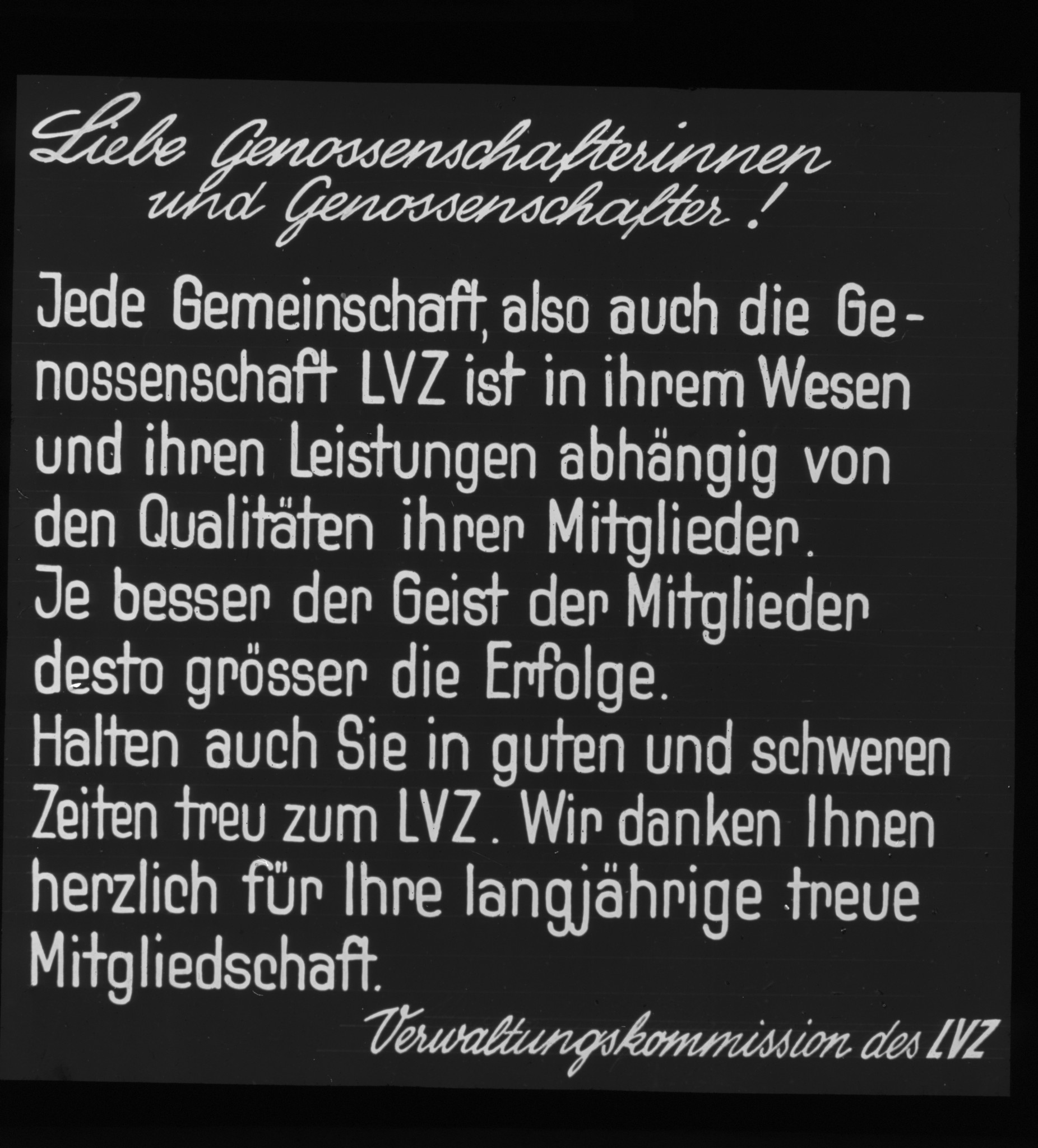 Dia: Mitteilung der Verwaltungskommission des LVZ an die Genossenschafter