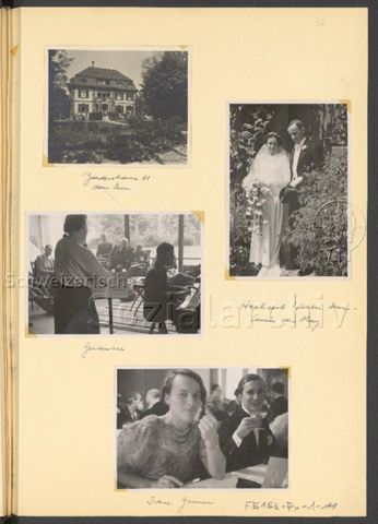Fotoalbum Nico Kaufmann, 1928–1950 – "Bundesstrasse 31, Hans Senn" (oben links), "Hochzeit Walter Senn – [...] von May" (mitte rechts), "Irene Gruner" (unten), 1936