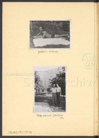 Fotoalbum Nico Kaufmann, 1928–1950 – "Gordon Manley" (oben), "Freddy Koegler, Dorbirn 1947" (unten), 1947