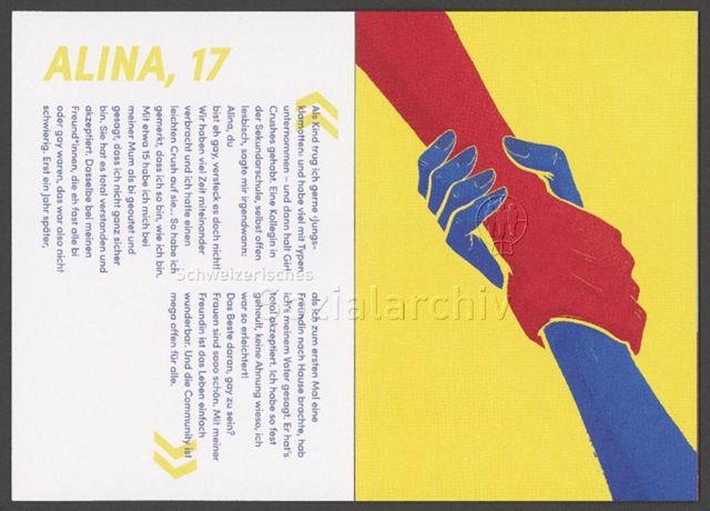 links: "Alina, 17", Kurzportrait; rechts: zwei sich greifende Arme (Unterstützung) – Infobüchlein für Jugendliche der AIDS-Hilfe Schweiz in Zusammenarbeit mit anderen queeren Organisationen über sexuelle Orientierung, Geschlechtsidentitäten und Coming-Out (August 2019)
