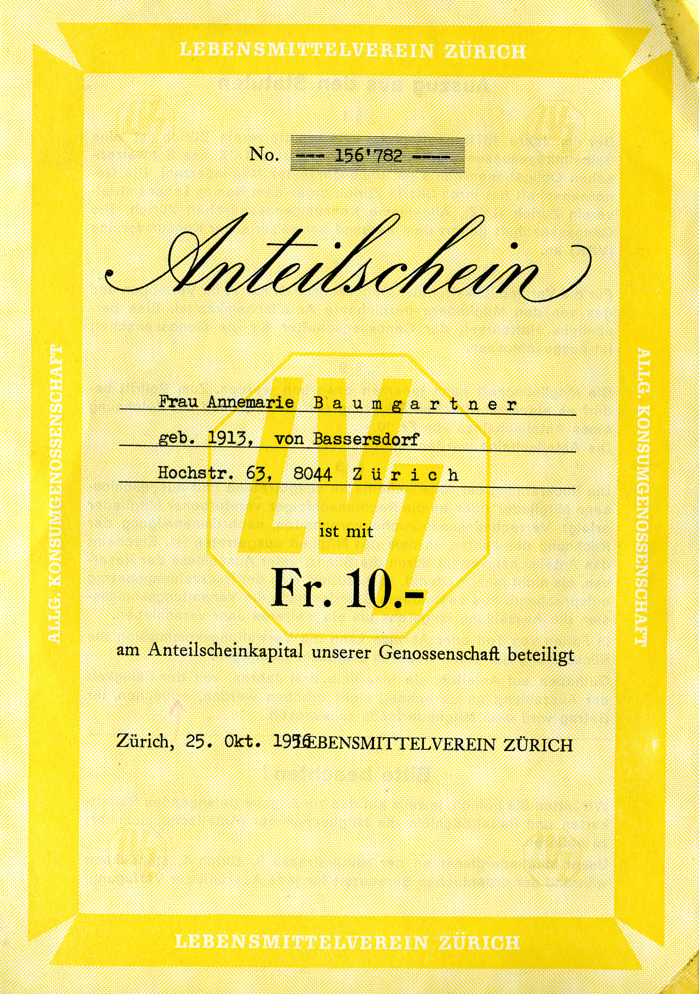Anteilschein Lebensmittelverein Zürich ; Besitz: Annemarie Baumgartner ; Wert: 10 Franken