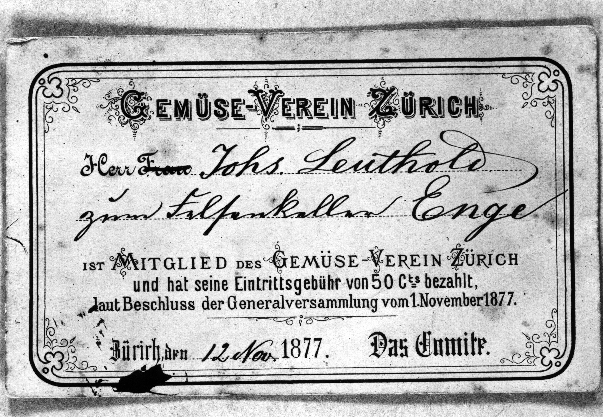 Mitgliedschafts-Bestätigung des Gemüsevereins Zürich