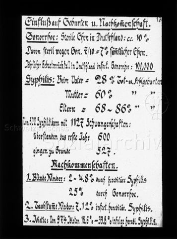 Diaserie zum Thema Säuglingspflege; "Einfluss auf Geburten u. Nachkommenschaft."; Darlegung des Einflusses der Geschlechtskrankheiten "Gonorrhoe" und "Syphilis" auf Sterblichkeit oder Erkrankungen der Neugeborenen; um 1930