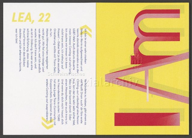 links: "Lea, 22", Kurzportrait; rechts: "I Am" (Wer bin ich?) – Infobüchlein für Jugendliche der AIDS-Hilfe Schweiz in Zusammenarbeit mit anderen queeren Organisationen über sexuelle Orientierung, Geschlechtsidentitäten und Coming-Out (August 2019)
