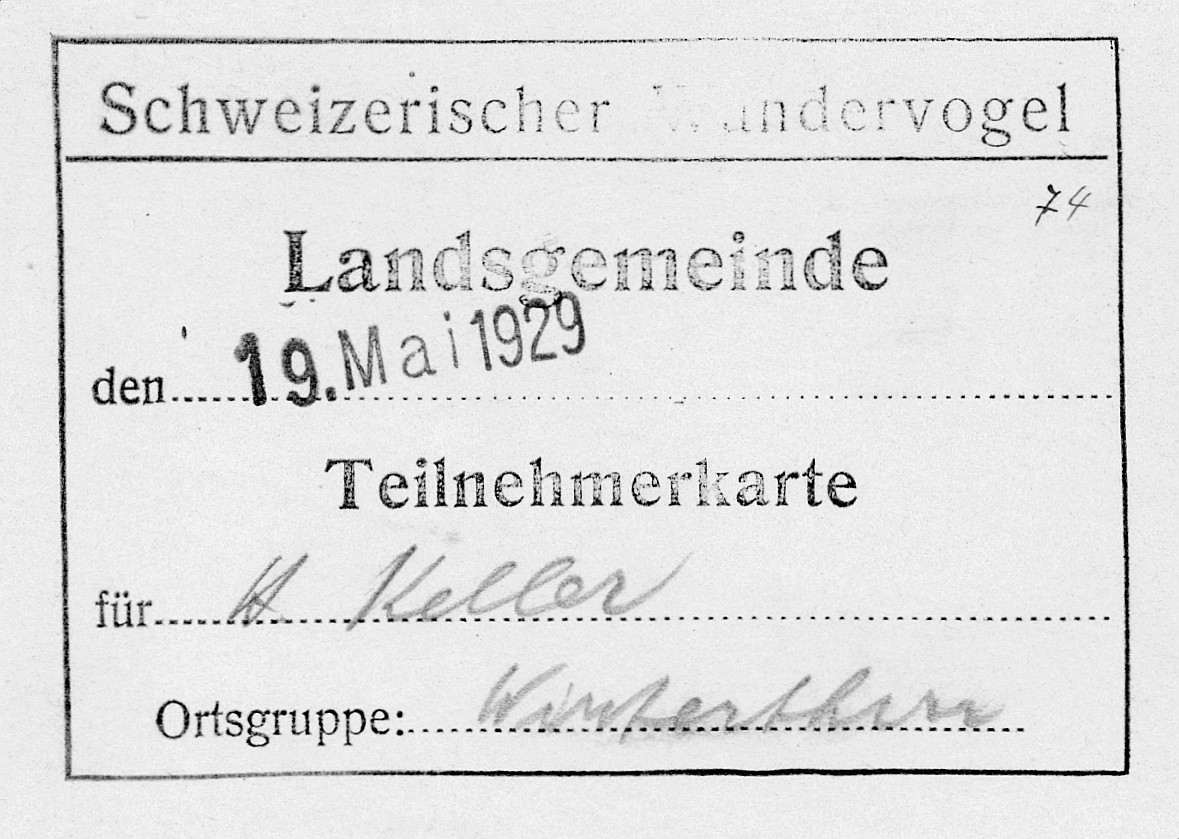 Eintrittskarte zur Wandervogel-Landsgemeinde (vermutlich Wandervogel-Landsgemeinde in Kimenhof bei Embrach, Pfingsten 1929)