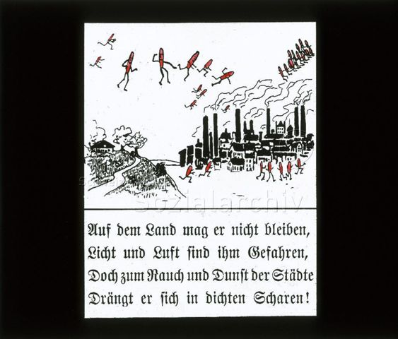 Diaserie zum Thema Kinderkrankheiten, Bazillen, Tuberkulose; "Auf dem Land mag er nicht bleiben, Licht und Luft sind ihm Gefahren, doch zum Rauch und Dunst der Städte drängt er sich in dichten Scharen!" - Zeichnung: rote Strichmännchen (Bazillen) fliegen von ländlichem Gebiet in Stadt mit vielen Schornsteinen und Rauch; um 1930