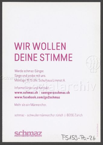 "Wir wollen deine Stimme", Kontaktangaben etc. – Werbeflyer des schwulen Männerchor Zürichs "schmaz" (um 2020)