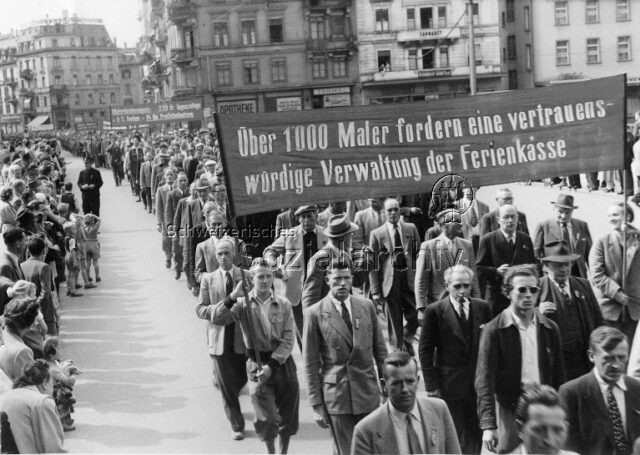 1. Mai-Umzug 1953, Zürich: "Über 1000 Maler fordern eine vertrauenswürdige der Ferienkasse"