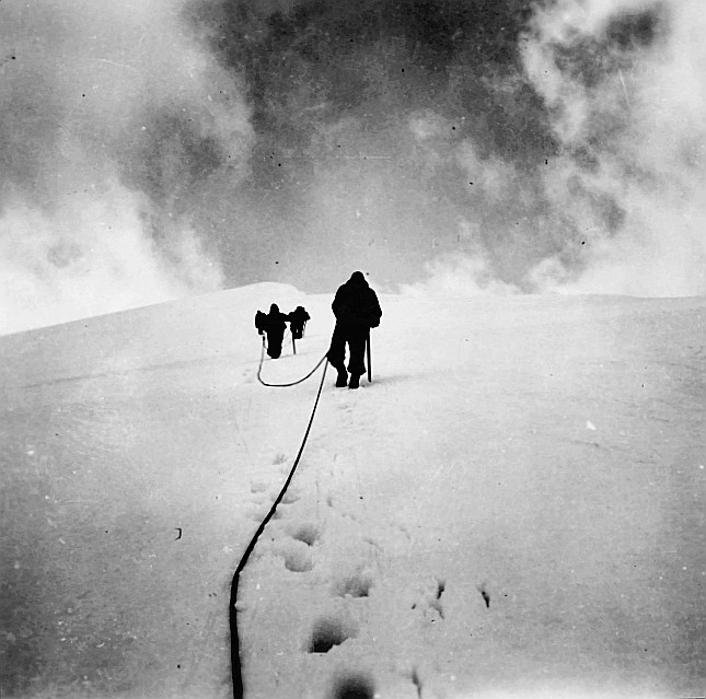 Wandervögel der Ortsgruppe Zürich, in Seilschaft auf dem Tödi (gedeckt mit Schnee) (Tödifahrt) (Sommer 1941)