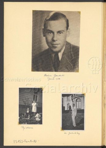 Fotoalbum Nico Kaufmann, 1928–1950 – "Heiner Gautschi [...] 1936" (oben), "Rigistrasse" (unten links), "20. Geburtstag" (unten rechts), 1936
