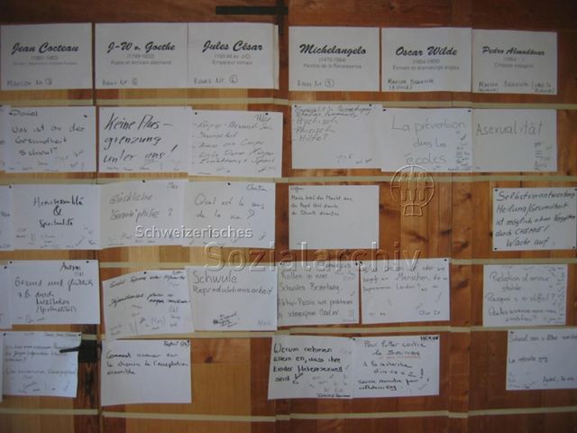 Open Space: "Schwule Gesundheit" (vermutlich April 2006, Vaumarcus) – vermutlich Übersicht der verschiedenen Diskussionsgruppen
