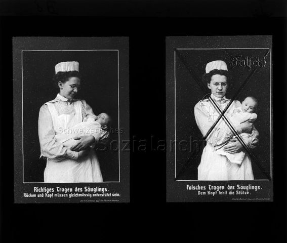 Diaserie zum Thema Säuglingspflege; zwei Bilder einer Krankenschwester ein Kleinkind tragend; erste Abbildung mit Unterschrift "Richtiges Tragen des Säuglings. Rücken und Kopf müssen gleichmässig unterstützt sein." - zweite Abbildung durchgestrichen mit Unterschrift "Falsches Tragen des Säuglings. Dem Kopf fehlt die Stütze" und Schriftzug "Falsch!"; Deutsches Hygiene-Museum, Dresden; um 1930