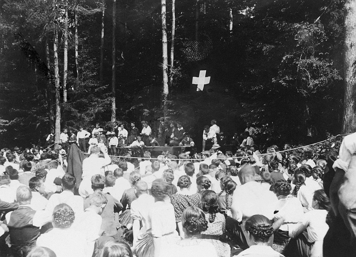 Wandervogel-Landsgemeinde: Rosinli bei Adetswil, Züricher Oberland - Versammelte Wandervögel (vermutlich während der Verhandlungen)