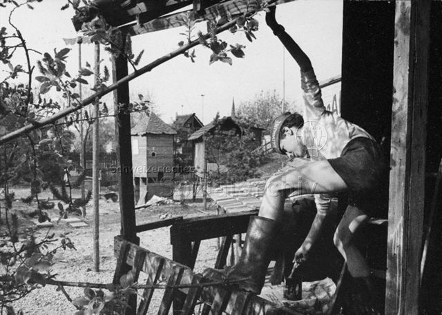 "Die Hütte wird angemalt - Robinsonspielplatz Heuried, Zürich"; 1969