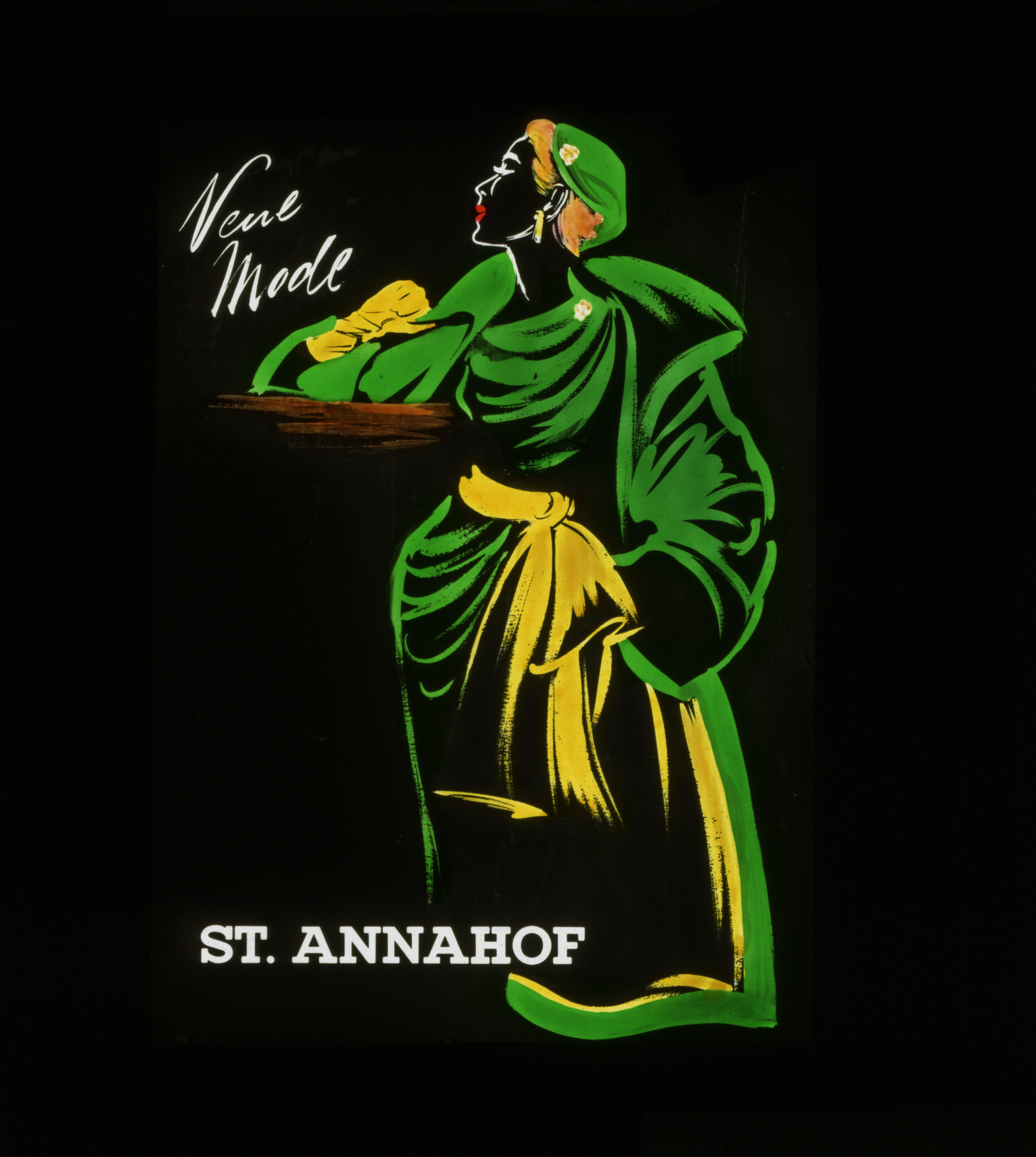 Dia: Werbung für Mode im St. Annahof, Frau in grün-gelbem Kleid: "Neue Mode".