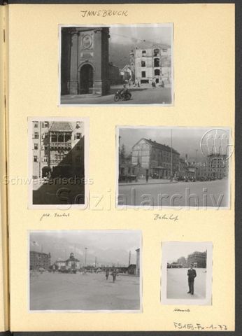 Fotoalbum Nico Kaufmann, 1928–1950 – Österreichreise im September 1948 – "Innsbruck", "gold. Dacherl" (mitte links), "Bahnhof" (mitte rechts), "Hansele" (unten rechts)