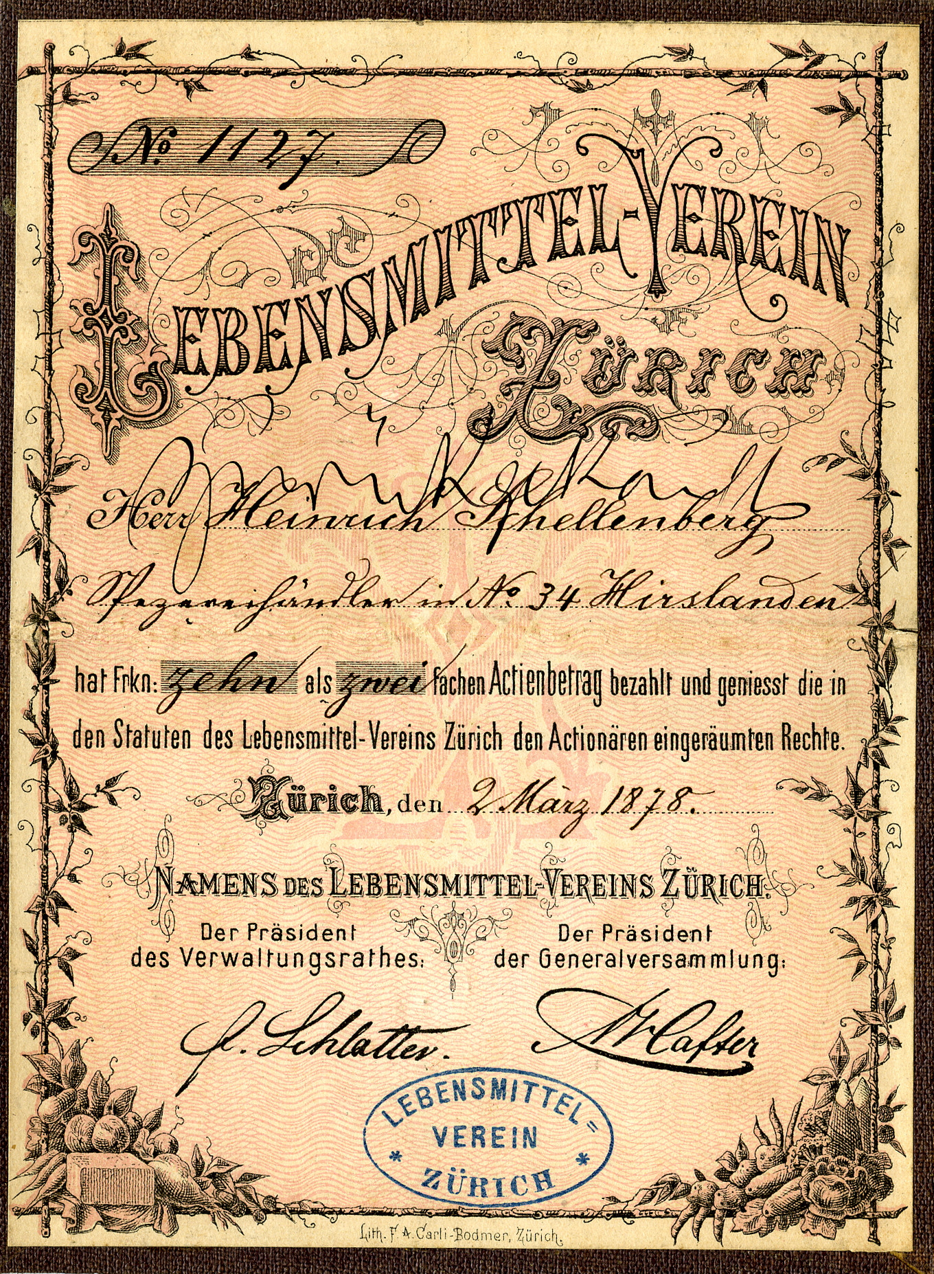 Aktienschein Lebensmittel-Verein Zürich ; ausgestellt auf Herr Heinrich Schellenberg in Zürich ; Wert 10 Franken