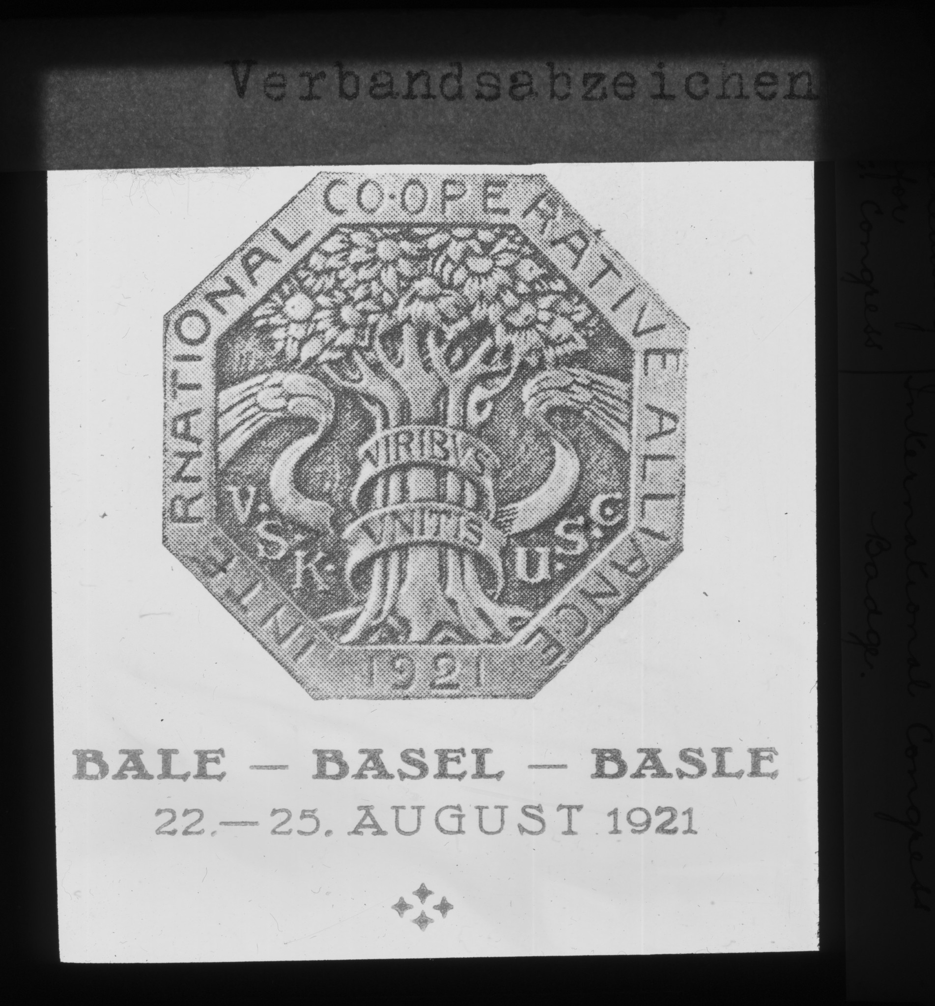 Dia: Verbandsabzeichen, Kongress-Abzeichen, für den Kongress der International Cooperative Alliance in Basel, 22.-25. August 1921.