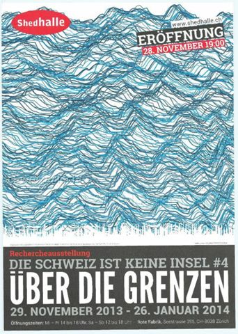 "Die Schweiz ist keine Insel #4 - Über die Grenzen" -Wellenbild aus vielen unterschiedlich blauen Linien