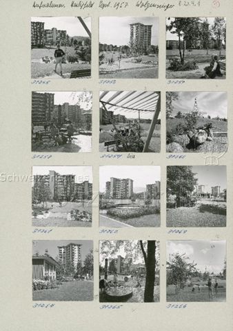 "Aufnahmen Heiligfeld", Zürich - Ansicht der Anlage, Wohnhäuser, Spielwiese, Pavillon; 1957
