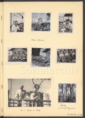 Fotoalbum Nico Kaufmann, 1928–1950 – "Kloster-Schwendi" (oben), "Leo u. Pierrot in [...] (unten links), "Rötzberg, Leo, Pierrot, Raymond B." (unten rechts), 1948