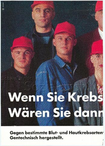 "Wenn sie Krebs hätten. Wären Sie dann für oder gegen die Gentechnik? - Gegen bestimmte Blut- und Hautkrebsarten gibt es bereits Medikamente. Gentechnisch hergestellt." - Teil 1 - vermutlich Krebserkrankte mit roten Baseballcaps
