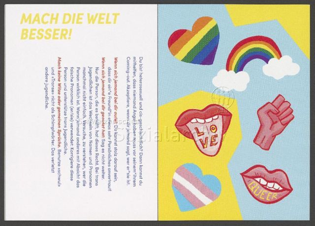 links: "Mach die Welt besser!", Ratschläge für nicht-queere Personen: "Wenn sich jemand bei dir outet", "Wenn sich jemand bei dir geoutet hat", "Mach keine Witze oder gemeinen Sprüche"; rechts: mehrere Sticker– Infobüchlein für Jugendliche der AIDS-Hilfe Schweiz in Zusammenarbeit mit anderen queeren Organisationen über sexuelle Orientierung, Geschlechtsidentitäten und Coming-Out (August 2019)