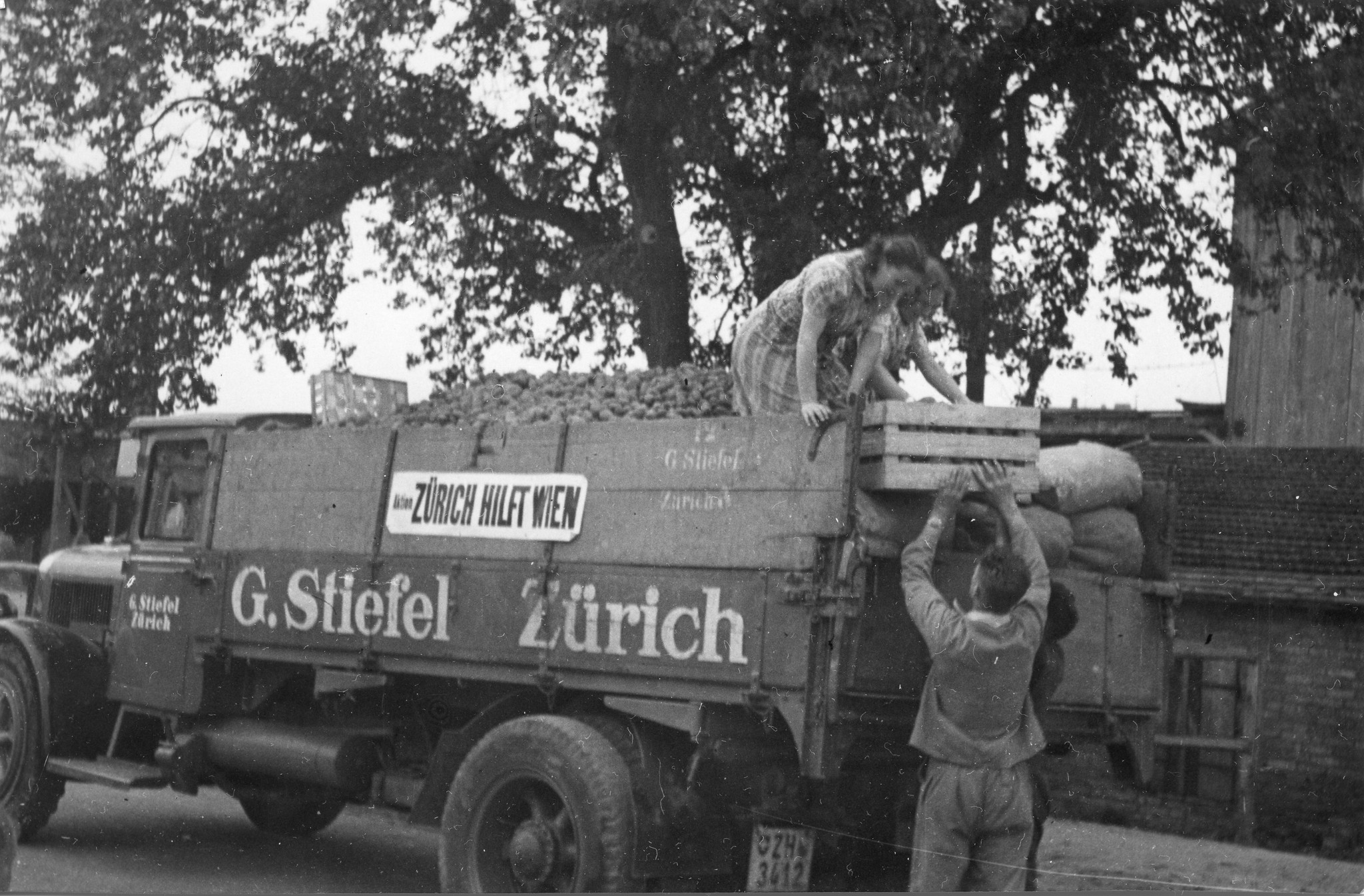 "Kartoffelsammlung Zürich hilft Wien, Frühjahr 1946", Frauen und Männer beim Aufladen eines Lastkraftwagens ("G.Stiefel Zürich) mit Kartoffeln, Schild: "Aktion Zürich hilft Wien"